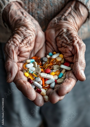 A pile of medicines in the hands of an old man on a light background.