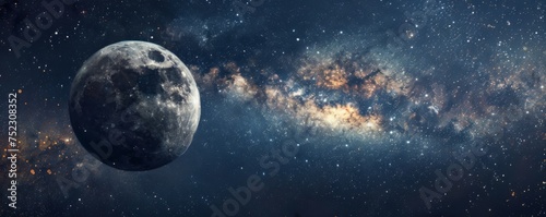 View of the moon in the night sky with the milky way in the background.