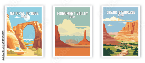 Natural Bridge, Grand Staircase, Monument Valley Illustration Art. Travel Poster Wall Art. Minimalist Vector art