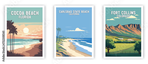 Fort Collins, Cocoa Beach, Carlsbad State Beach Illustration Art. Travel Poster Wall Art. Minimalist Vector art