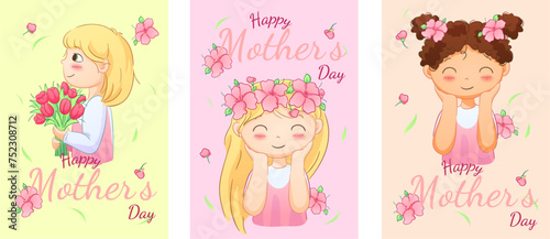 A set of Mother's Day cards featuring girls and boys from various nationalities, adorned with flowers and tulips.