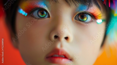 Close-up, Portrait of fashionable child model with fantasy makeup for cosmetics advertising