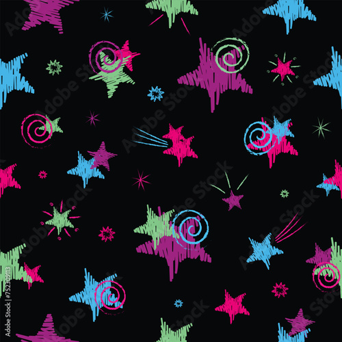 Abstract seamless pattern with neon color hand drawn stars and other elements on a black background.