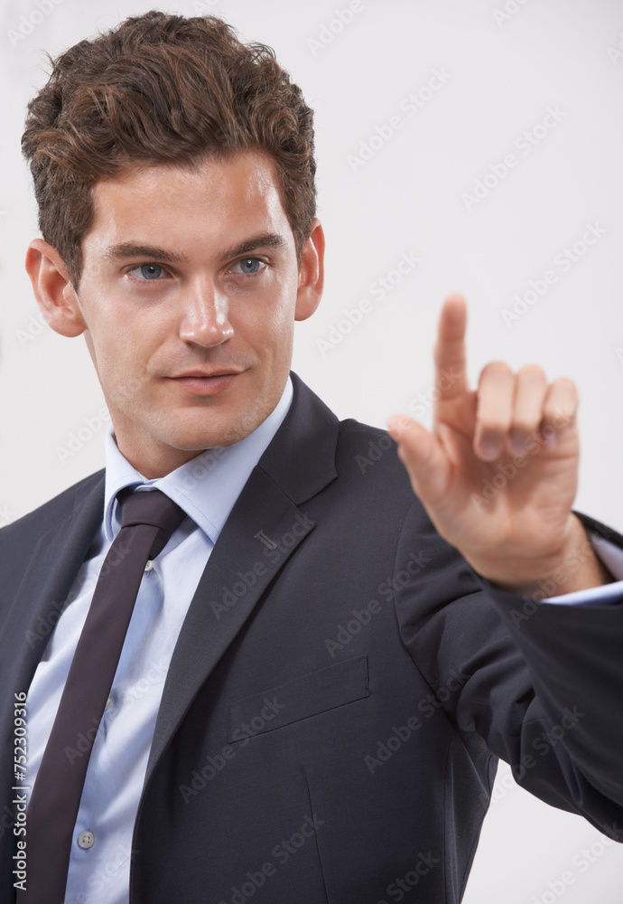 Air, hand or businessman on touchscreen in studio on white background for metaverse access. Technology, interface and software system with finger pointing, doubt and employee in suit for networking Air, hand or businessman on touchscreen in studio on white background for metaverse access. Technology, interface and software system with finger pointing, doubt and employee in suit for networking
