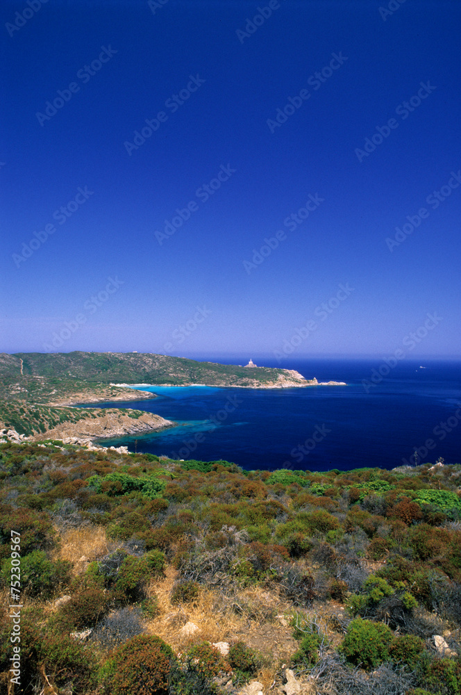 view of the coast of the island of Asinara (Sassari)  with lighthouse of Punta Scorno Sardinia Italy