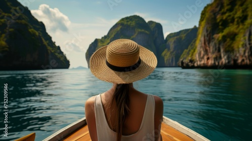 Close-up, Back view of woman tourist in a straw hat relaxing on the boat and looking forward into the sea