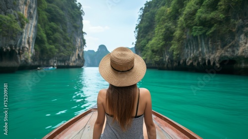 Close-up, Back view of woman tourist in a straw hat relaxing on the boat and looking forward into the sea