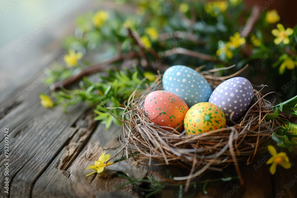 Easter eggs in nest decorated with flowers on wooden background. Happy easter day. Easter eggs in nest decorated with flowers on wooden background. Happy easter day.