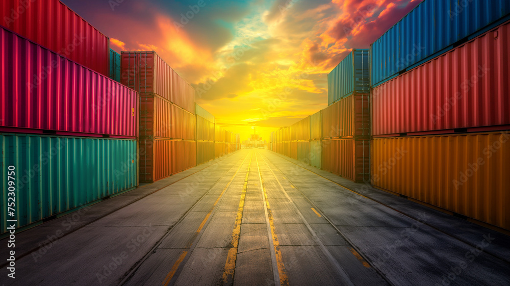 Fototapeta premium Colourful cargo containers in a freight container terminal. Perspective view.