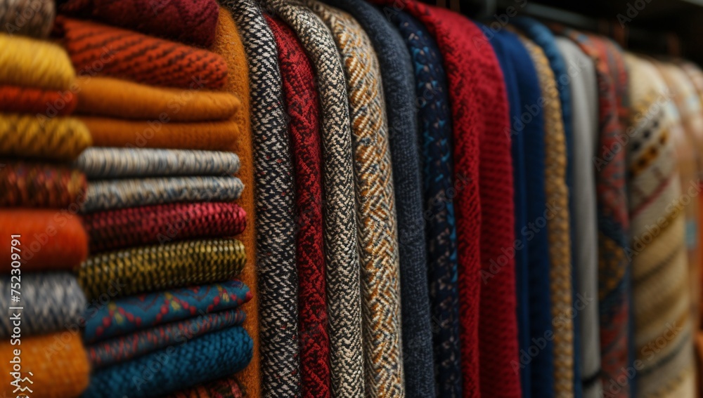 Close-up of various colorful textiles and patterns on hangers showing textures and fabrics