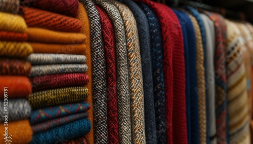 Close-up of various colorful textiles and patterns on hangers showing textures and fabrics