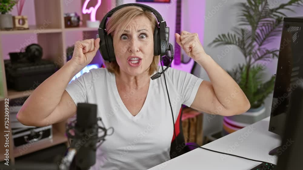 Shocked mature woman with headset gaming in a modern home office setup expresses excitement and surprise. Shocked mature woman with headset gaming in a modern home office setup expresses excitement and surprise.