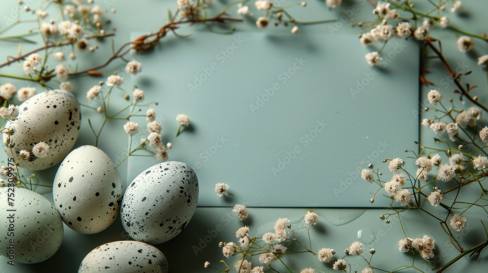 Fototapeta premium Easter eggs decorated with green leaves and flowers on light blue background