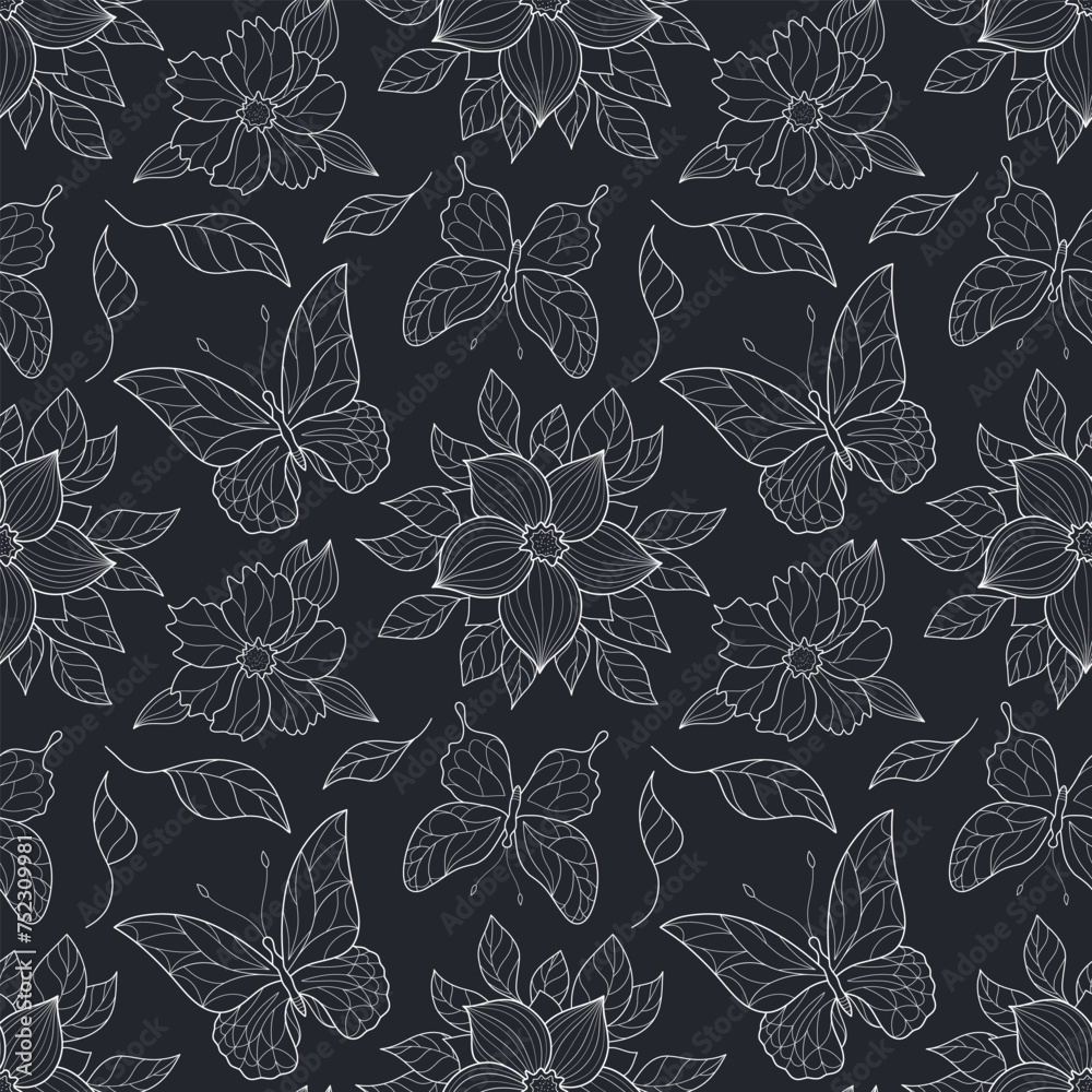 Floral pattern with butterflies and flowers, seamless pattern with flowers and butterflies outline.