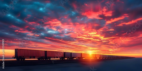 A train with cargo containers moves at sunset with vibrant red hues. Concept Train Photography, Sunset Shoot, Cargo Containers, Vibrant Red Hues