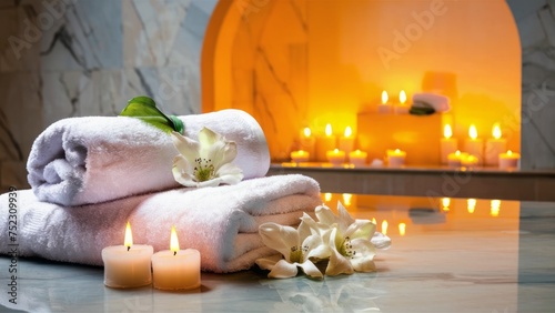 SPA ROOM WITH TOWELS, FLOWERS AND CANDLES DECORATION photo