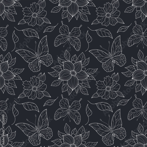 Floral pattern with butterflies and flowers, seamless pattern with flowers and butterflies outline.