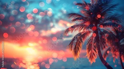 Palm Tree Silhouetted Against Sunset on Beach