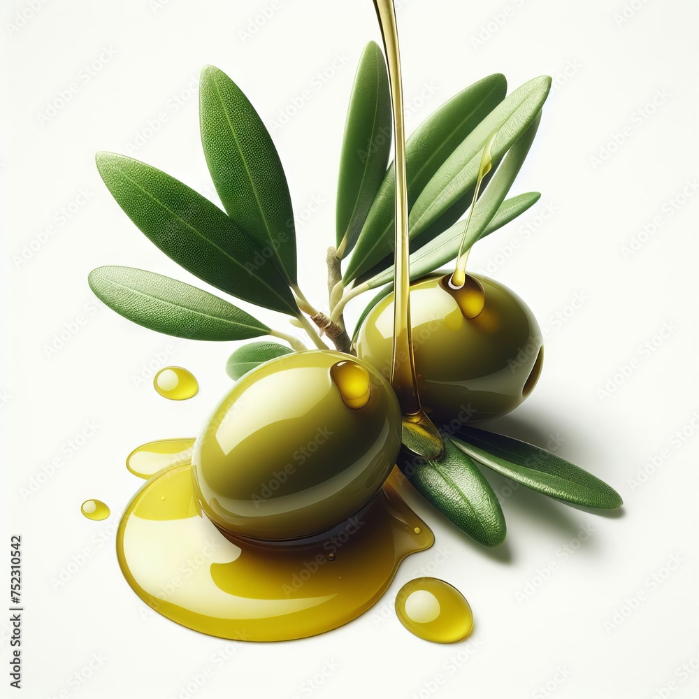 bottle of olive oil with olives on white background