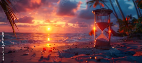 An hourglass sits amongst the sand with a dramatic sunset over the ocean in the background, symbolizing time