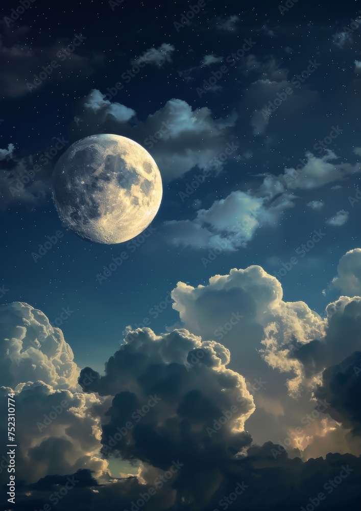 View of the moon in the night sky with clouds. View of the moon in the night sky with clouds.