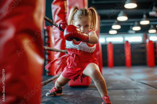 little girl trains in kickboxing ring with heavy punching bag