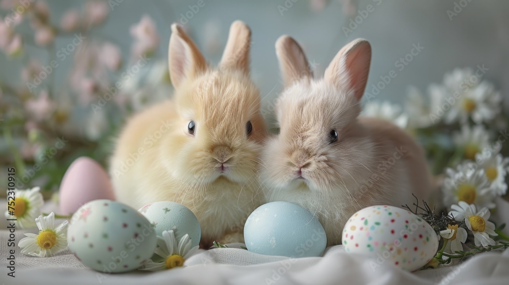 Soft, fluffy Easter bunnies and chicks in gentle pastel tones, complemented by pastel Easter eggs and a sprinkle of green grass