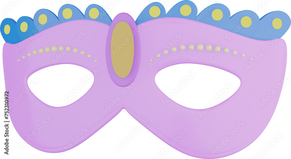 3D illustration render of a bright colored carnival mask with feathers on transparent background