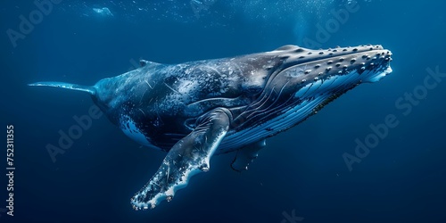 A majestic whale gracefully gliding through the depths of the ocean. Concept Marine Life, Majestic Wildlife, Underwater Exploration, Ocean Conservation, Graceful Movements © Anastasiia