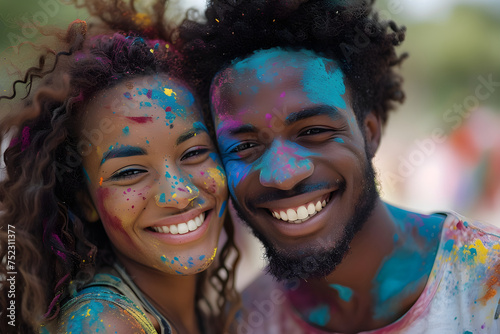 Cheerful happy african american couple at traditional holi festival. Young people celebrating color festival and playing with colorful powder or gulal. Love and relationship concept © ratatosk