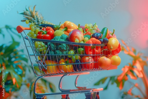 A vibrant array of fresh fruits in a metal shopping cart  emphasizing healthy eating and grocery shopping