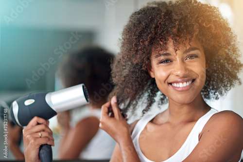 Konstfotografi Black woman, hairdryer and hair with texture in portrait, curly hairstyle or frizz for morning routine in bathroom