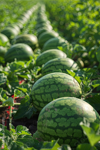 A vast field bursting with ripe watermelons  each adorned with vibrant green leaves under the suns warm embrace