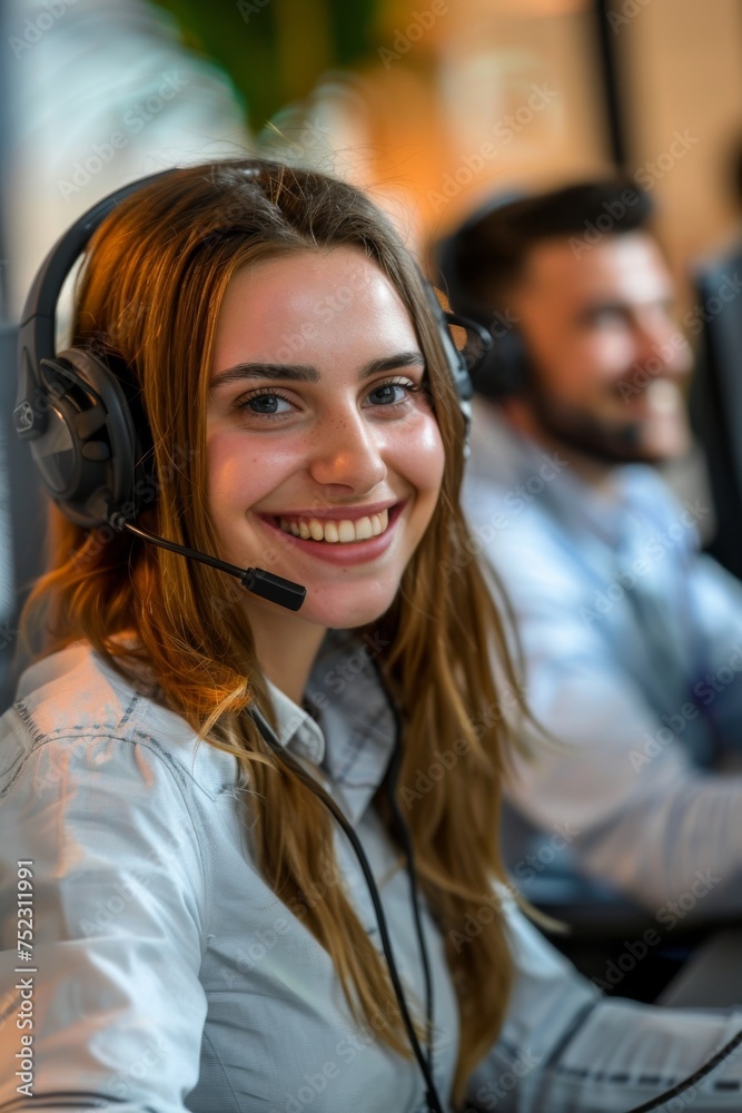Smiling Woman With Headset Working at Computer Smiling Woman With Headset Working at Computer