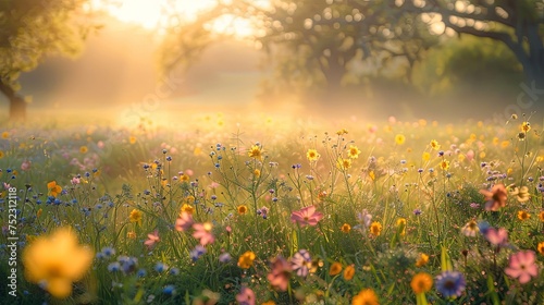 Golden Hour in Blossoming Wildflower Field 