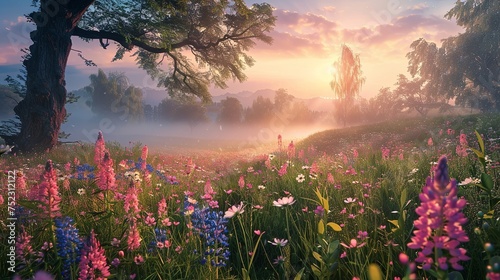 Sunrise and Blooms in a Misty Spring Meadow 
