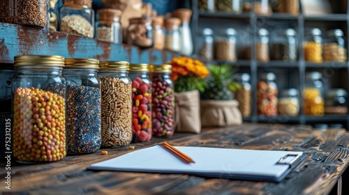 Cereals in glass jars on the table next to a Notepad and pencil. Space for text