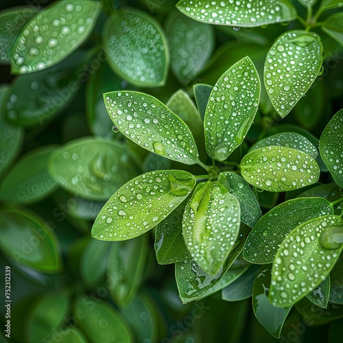 Fresh Leaves with Water Droplets Close-Up 