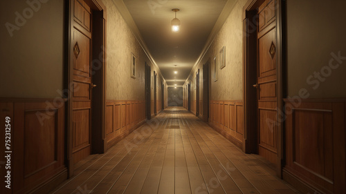 Endless empty classic hallway with wooden walls