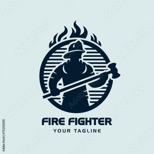 Firefighter Logo. Vector Silhouette with Axe in Full Uniform for Fire Safety and Fire Prevention Unit
