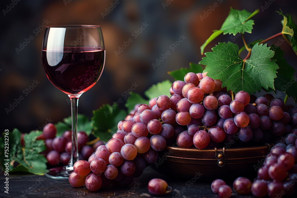 A glass of rich red wine sits next to a bountiful bunch of grapes on a rustic wooden table, showcasing the perfect harmony between indulgence and nature