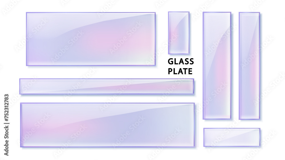 Crystal glass plate set with colors reflection in holographic color isolated PNG. Transparent Realistic glass panel plates or frames for placing name