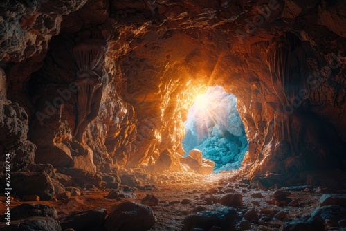 A cave with a bright light emanating from within, casting a beam of light into the darkness.