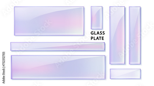 Crystal glass plate set with colors reflection in holographic color isolated PNG. Transparent Realistic glass panel plates or frames for placing name