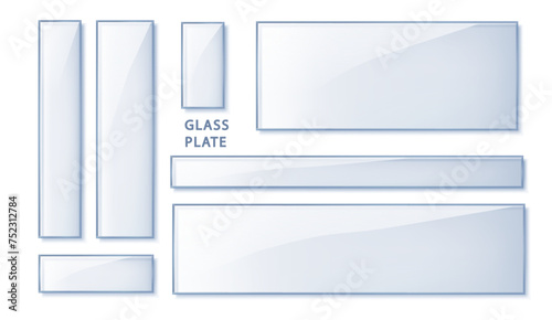 Glass transparent banners set isolated PNG. Realistic glass plate with reflections, glares and light.