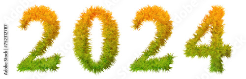 Conceptual 2024 year made of green and yellow lawn grass symbol isolated on white background. 3d illustration as a metaphor for future  nature  environment  organic growth  ecology  conservation
