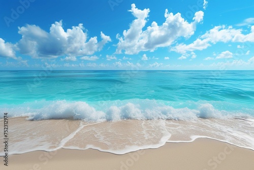 Blue ocean with white sand beach and blue sky background