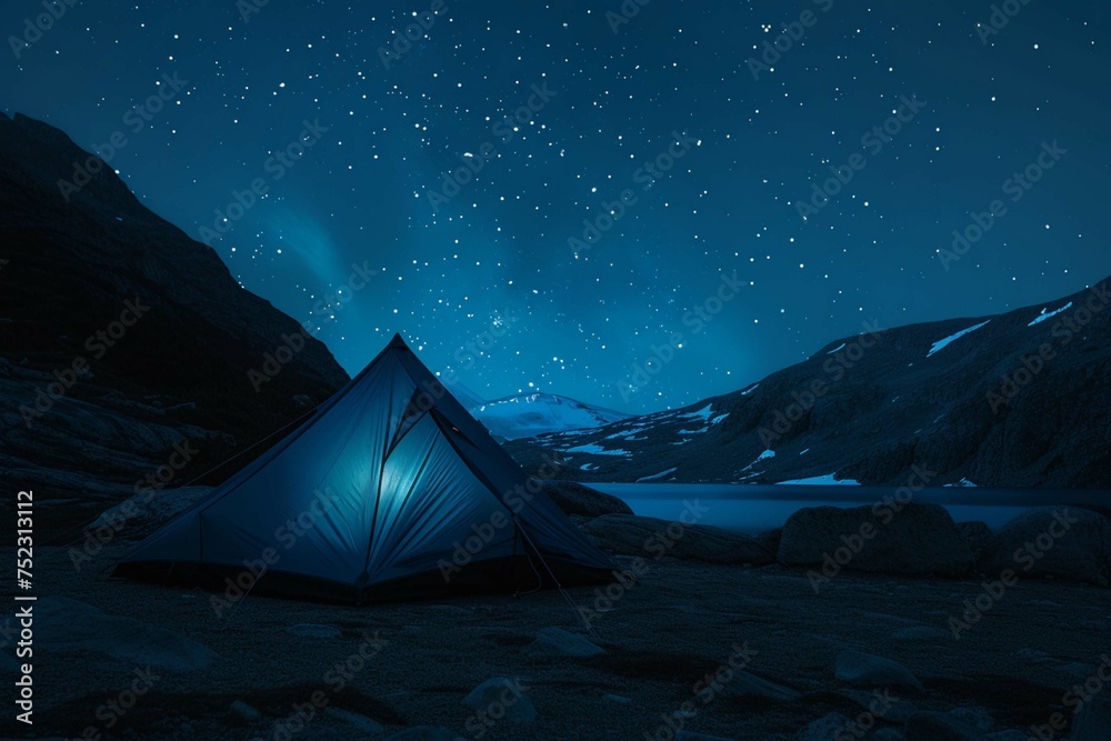 Blue tent with light under starry night - obrazy, fototapety, plakaty 