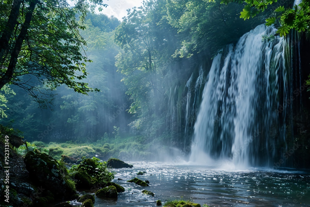 Serene Beauty: Majestic Waterfall Surrounded by Lush and Tranquil Nature Serene Beauty: Majestic Waterfall Surrounded by Lush and Tranquil Nature