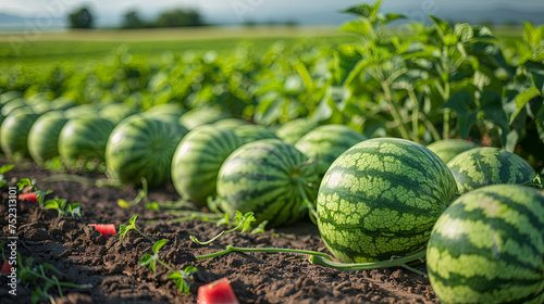 Ripe watermelons are beautifully arranged in a row on top of a vast, sun-soaked field, ready for harvest